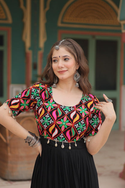 Kutchi Gamathi Work Cotton Black Flared Navratri Special Gown