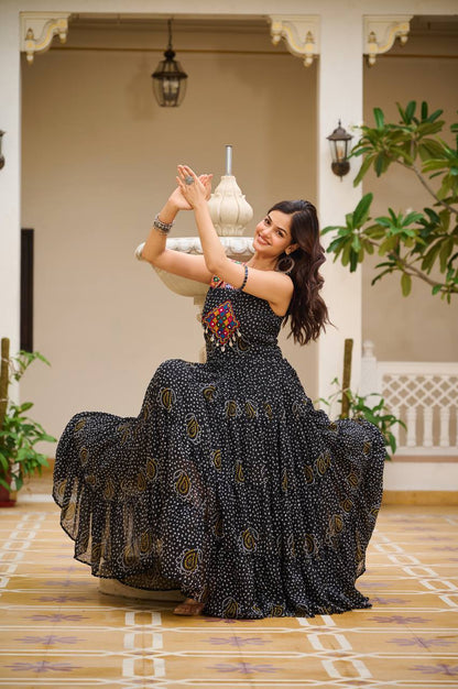 Navratri Special Gamathi  Mirror Work Cotton Flared Black Gown
