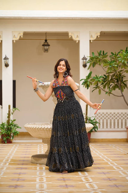 Navratri Special Gamathi  Mirror Work Cotton Flared Black Gown