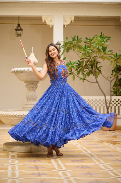 Navratri Special Gamathi  Mirror Work Cotton Blue Flared Gown