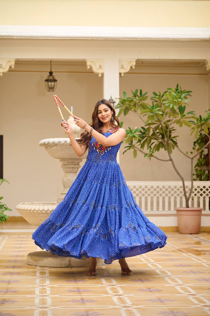 Navratri Special Gamathi  Mirror Work Cotton Blue Flared Gown