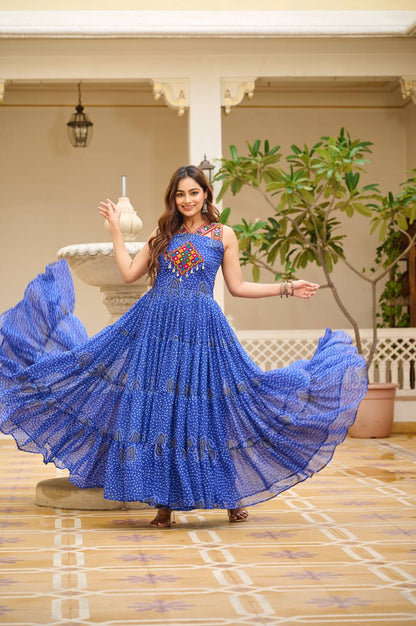 Navratri Special Gamathi  Mirror Work Cotton Blue Flared Gown