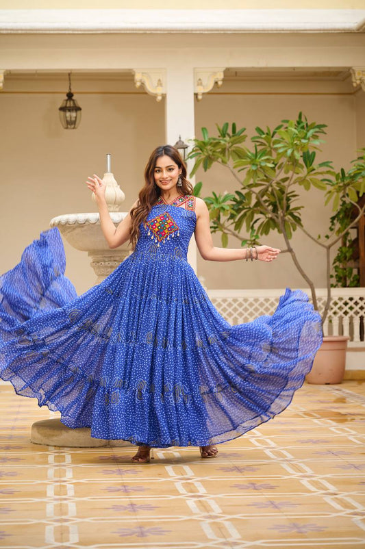 Navratri Special Gamathi  Mirror Work Cotton Blue Flared Gown