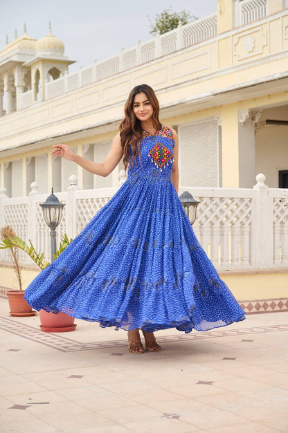 Navratri Special Gamathi  Mirror Work Cotton Blue Flared Gown
