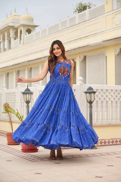 Navratri Special Gamathi  Mirror Work Cotton Blue Flared Gown