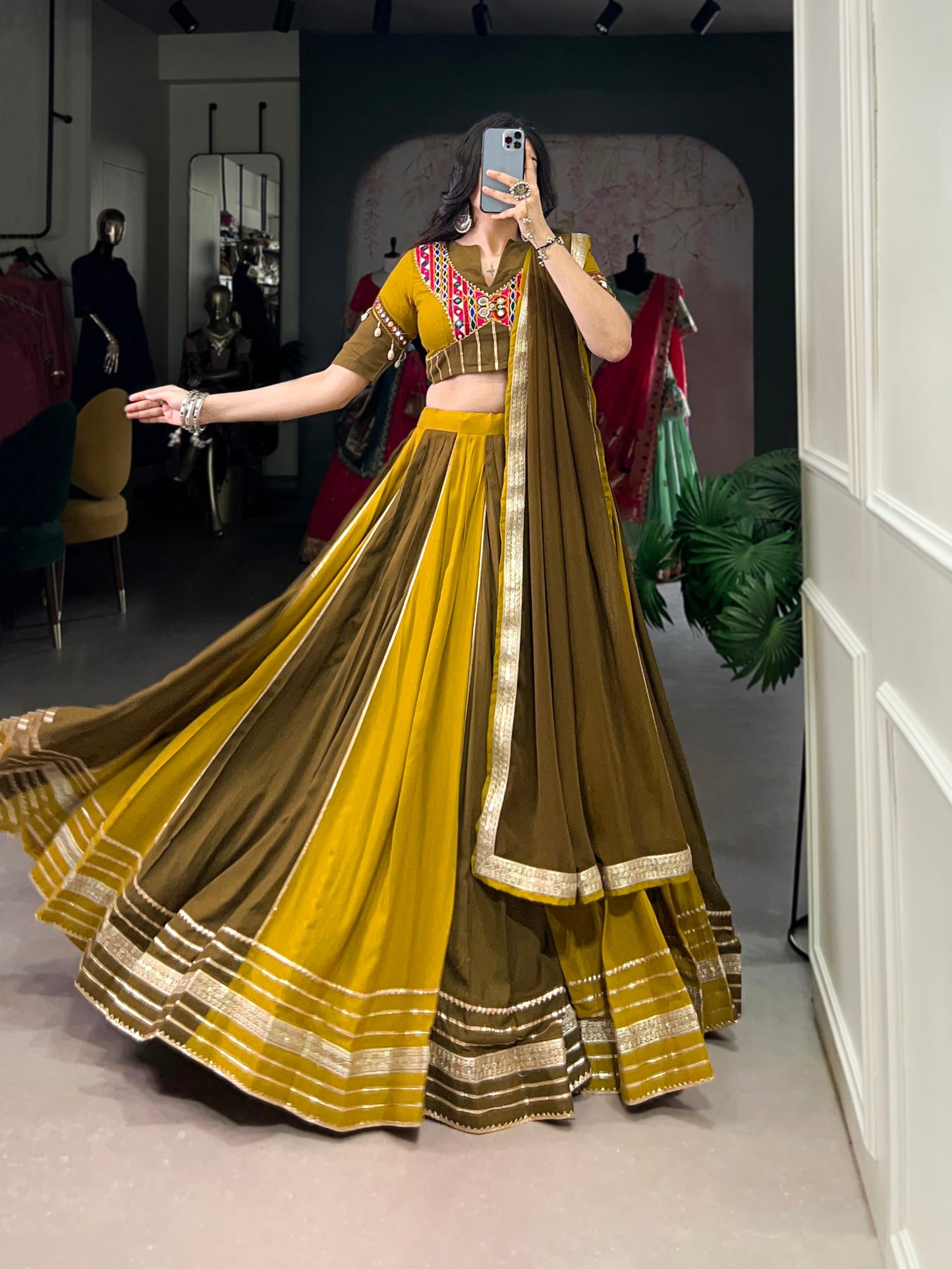 Mustard Pure Rayon Gota Patti Flared Lehenga Choli For Navratri