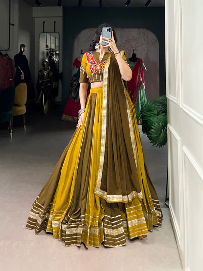 Mustard Pure Rayon Gota Patti Flared Lehenga Choli For Navratri