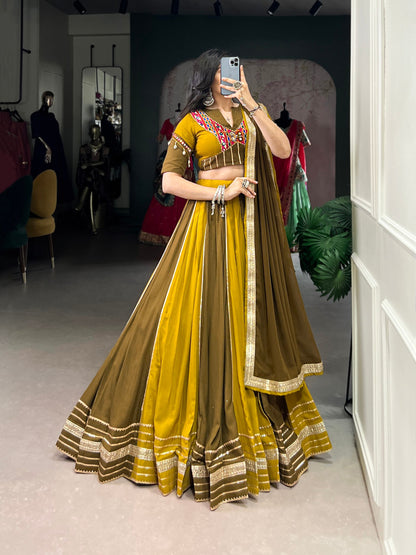 Mustard Pure Rayon Gota Patti Flared Lehenga Choli For Navratri