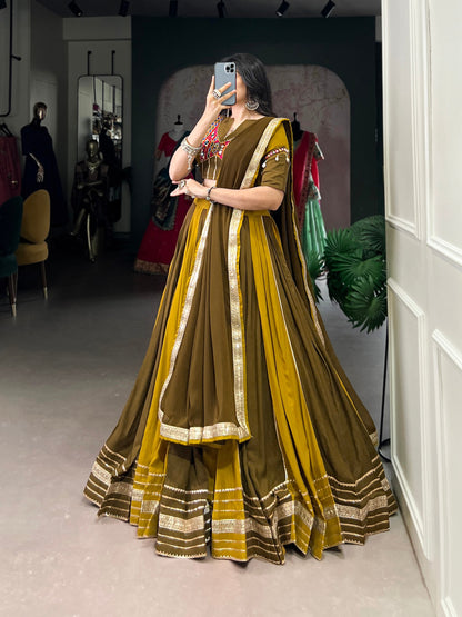 Mustard Pure Rayon Gota Patti Flared Lehenga Choli For Navratri
