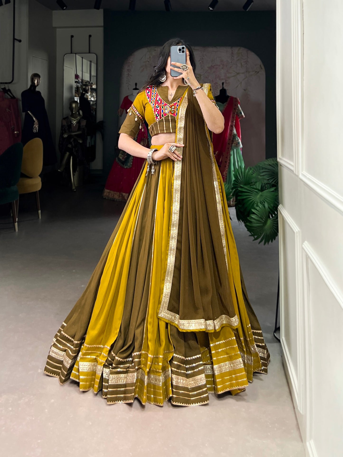 Mustard Pure Rayon Gota Patti Flared Lehenga Choli For Navratri