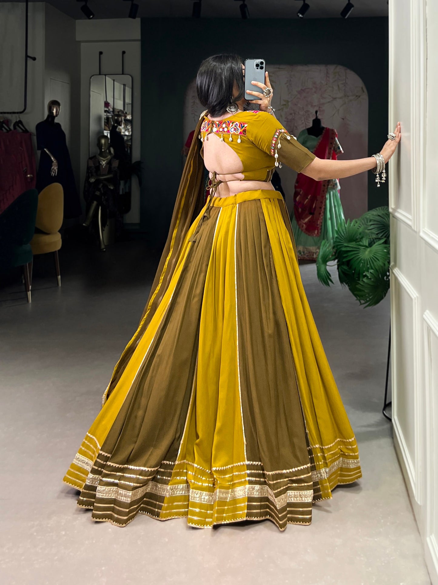 Mustard Pure Rayon Gota Patti Flared Lehenga Choli For Navratri