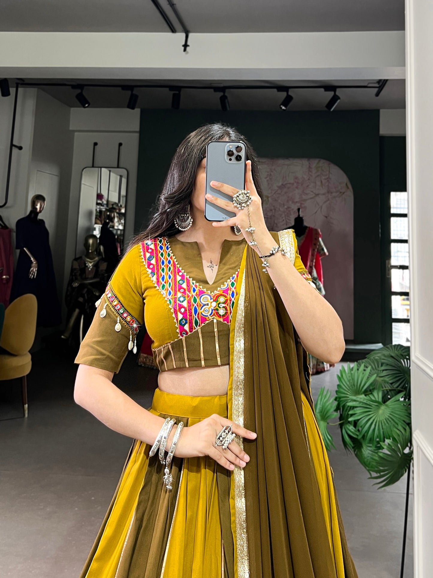 Mustard Pure Rayon Gota Patti Flared Lehenga Choli For Navratri