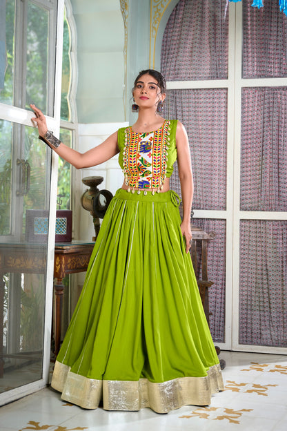 Festive Fashion Rayon Parrot Green Lehenga With Gamthi Work Blouse For Navratri
