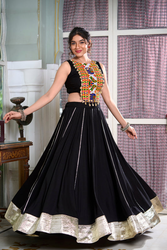Festive Fashion Rayon Black Lehenga With Gamthi Work Blouse For Navratri