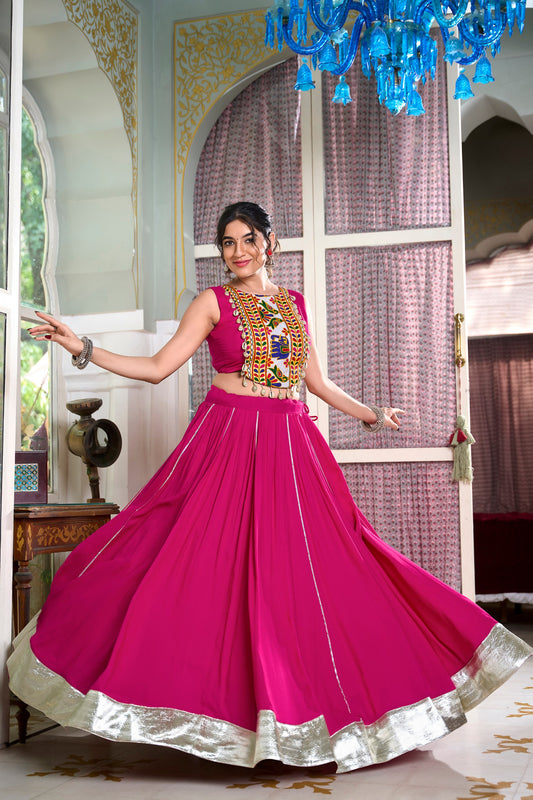 Festive Fashion Rayon Pink Lehenga With Gamthi Work Blouse For Navratri