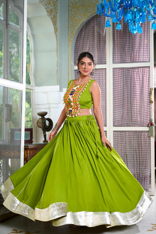 Festive Fashion Rayon Parrot Green Lehenga With Gamthi Work Blouse For Navratri