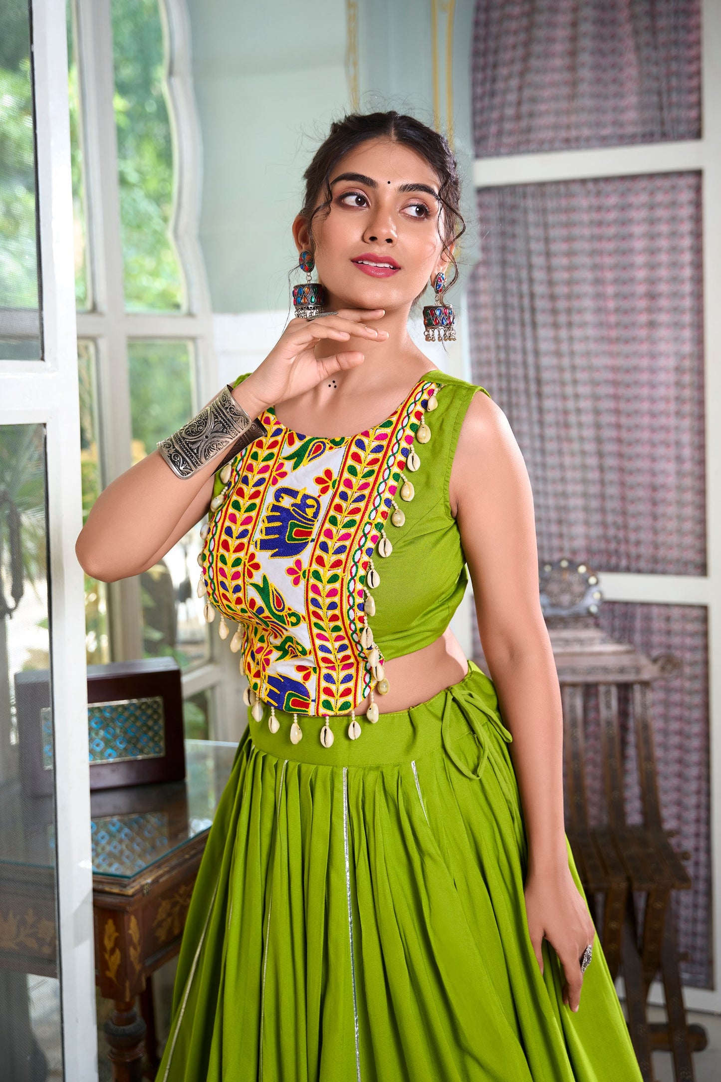 Festive Fashion Rayon Parrot Green Lehenga With Gamthi Work Blouse For Navratri