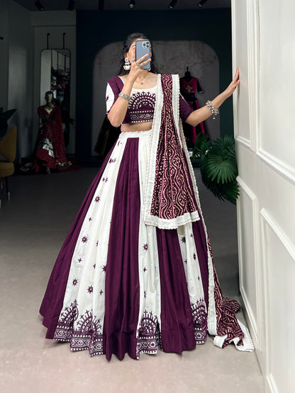 Navratri Special White and Wine Lehenga Choli Set with Traditional Embroidery and Mirror Work Dupatta