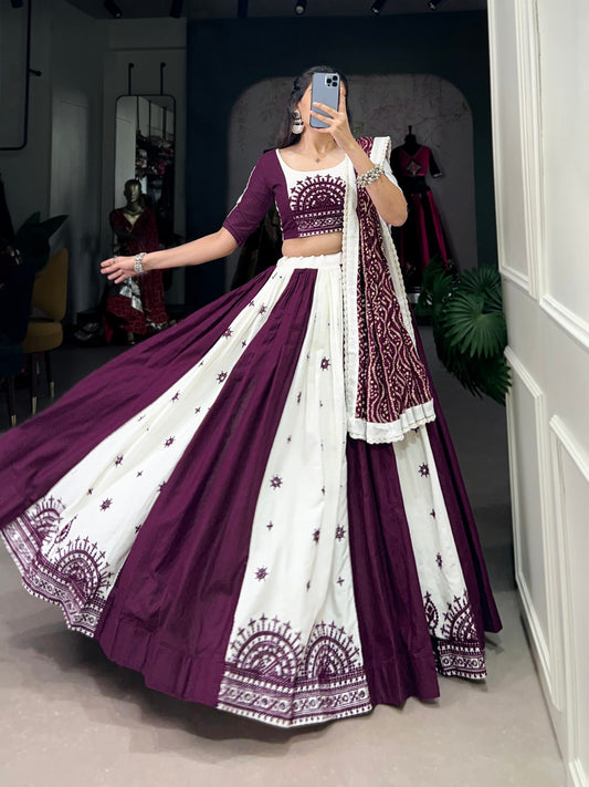 Navratri Special White and Wine Lehenga Choli Set with Traditional Embroidery and Mirror Work Dupatta