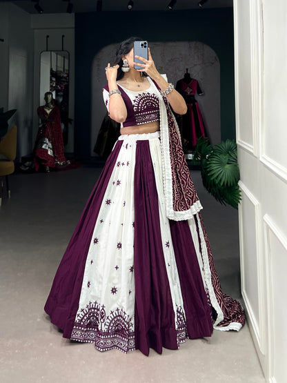 Navratri Special White and Wine Lehenga Choli Set with Traditional Embroidery and Mirror Work Dupatta