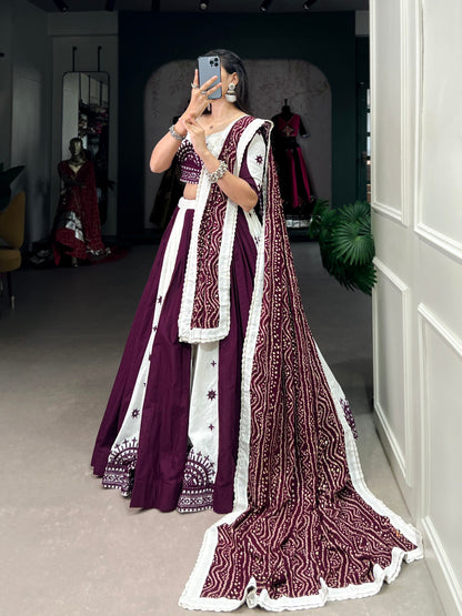 Navratri Special White and Wine Lehenga Choli Set with Traditional Embroidery and Mirror Work Dupatta
