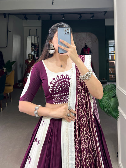 Navratri Special White and Wine Lehenga Choli Set with Traditional Embroidery and Mirror Work Dupatta