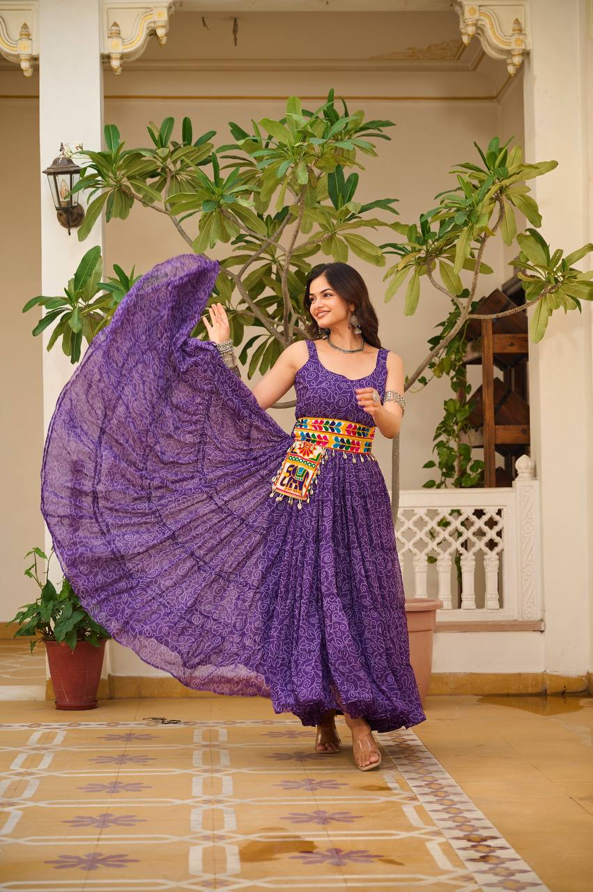 Navratri Special Gamathi Work Cotton Flared Purple Gown