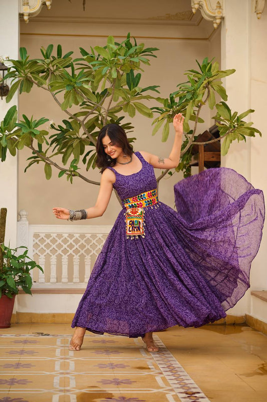 Navratri Special Gamathi Work Cotton Flared Purple Gown