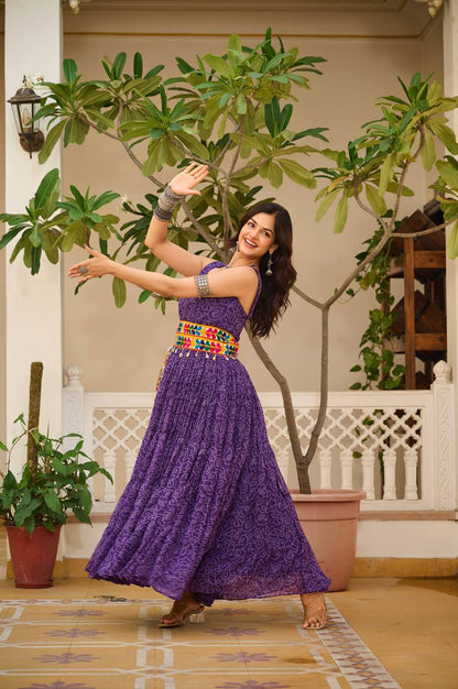 Navratri Special Gamathi Work Cotton Flared Purple Gown