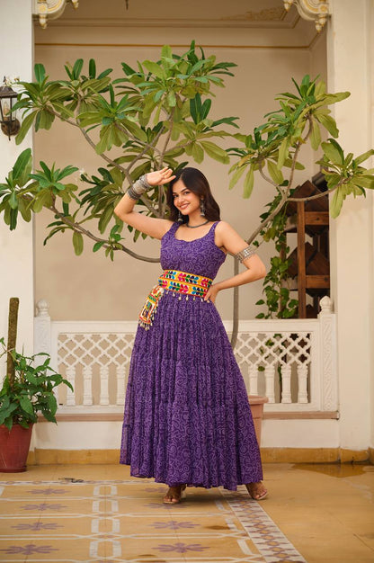 Navratri Special Gamathi Work Cotton Flared Purple Gown