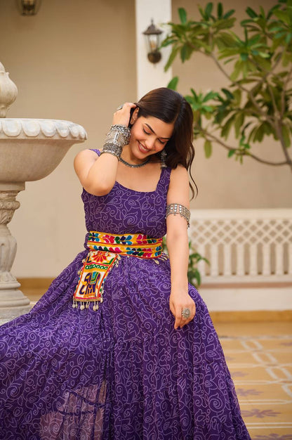 Navratri Special Gamathi Work Cotton Flared Purple Gown