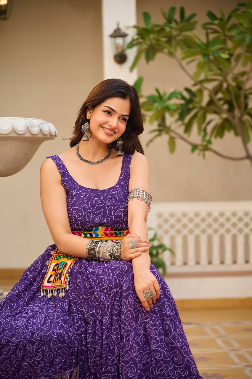 Navratri Special Gamathi Work Cotton Flared Purple Gown