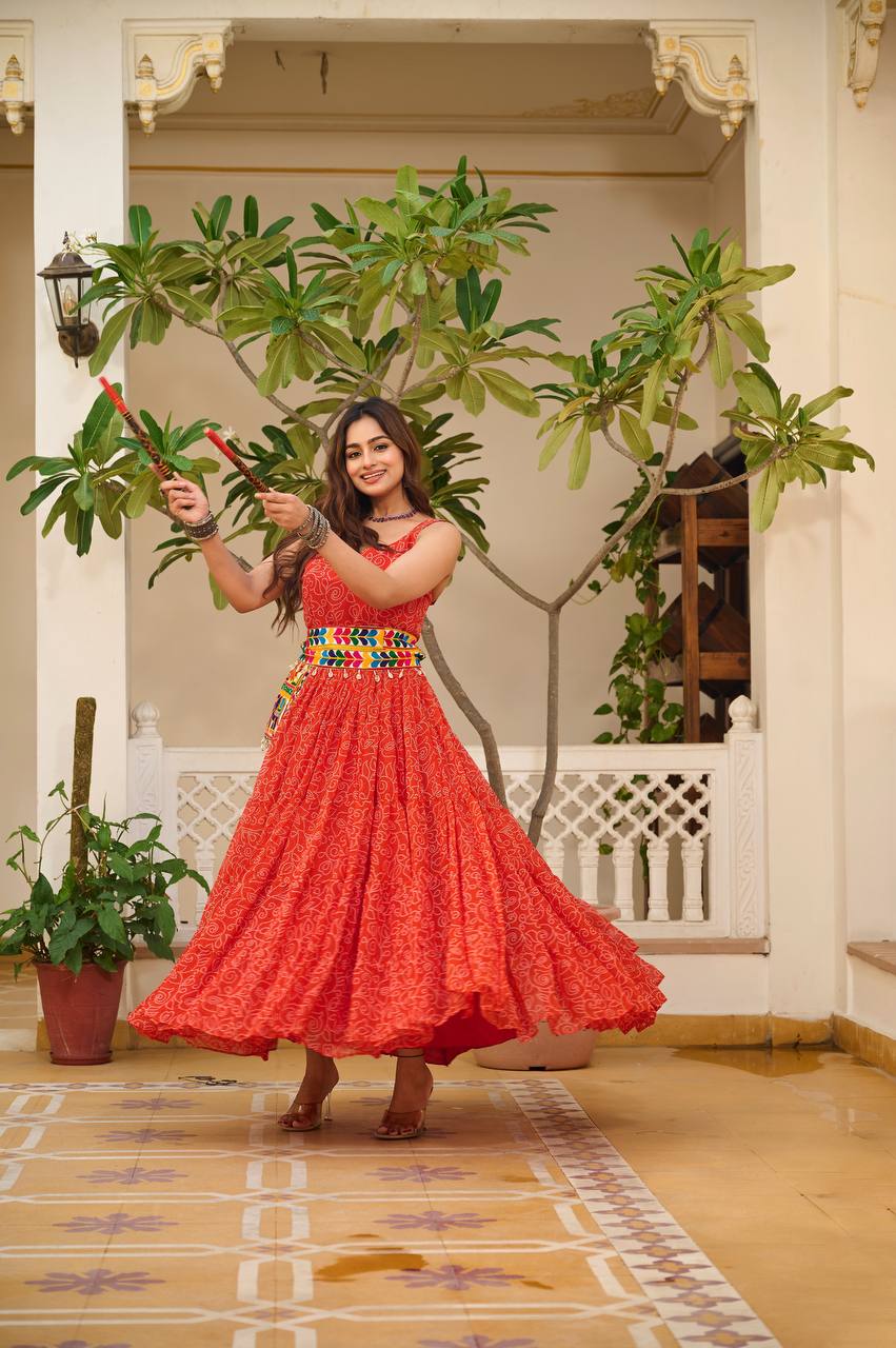 Navratri Special Gamathi Work Cotton Flared Red Gown