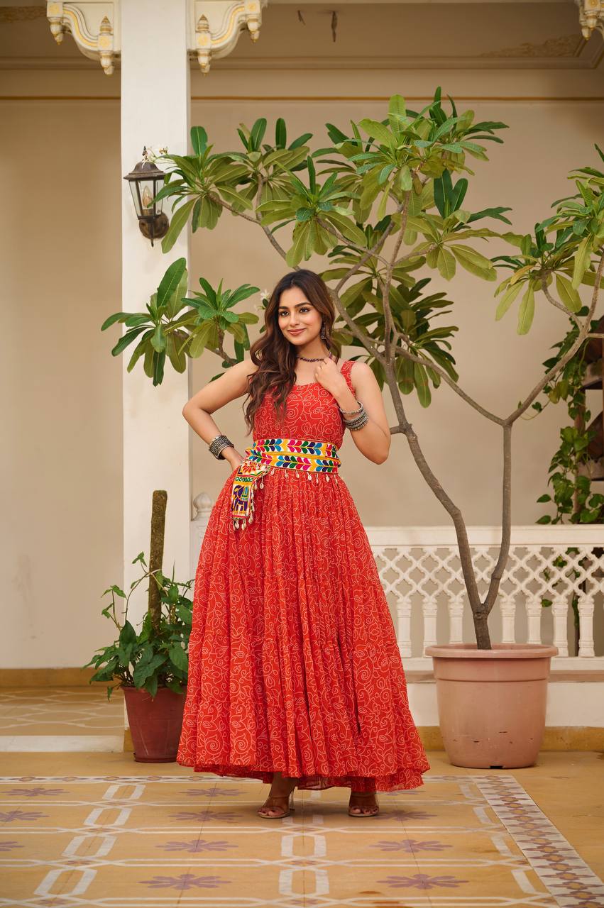 Navratri Special Gamathi Work Cotton Flared Red Gown
