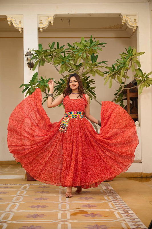 Navratri Special Gamathi Work Cotton Flared Red Gown