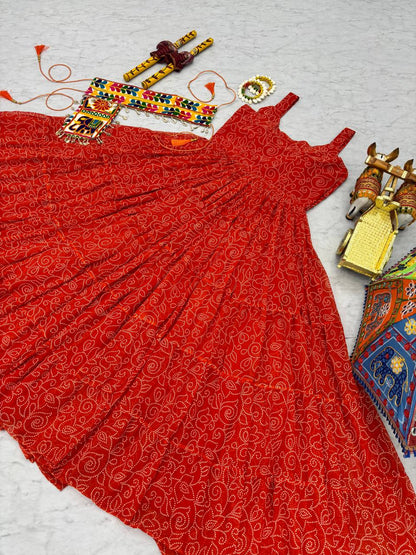 Navratri Special Gamathi Work Cotton Flared Red Gown