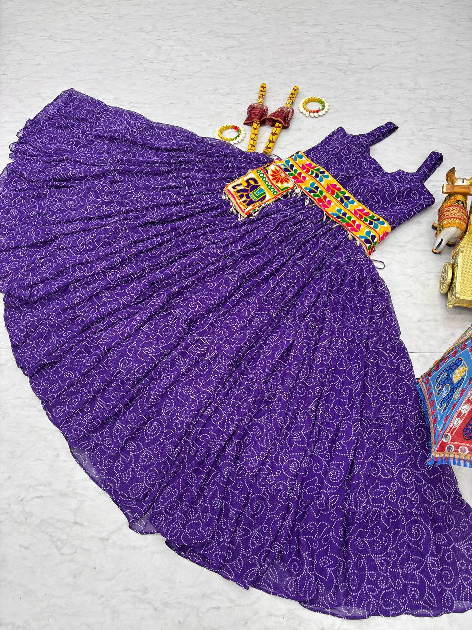 Navratri Special Gamathi Work Cotton Flared Purple Gown
