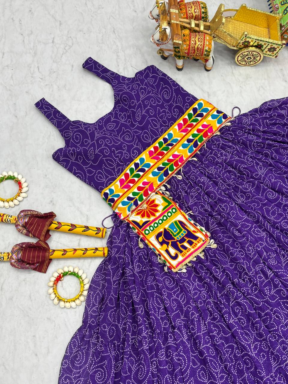 Navratri Special Gamathi Work Cotton Flared Purple Gown
