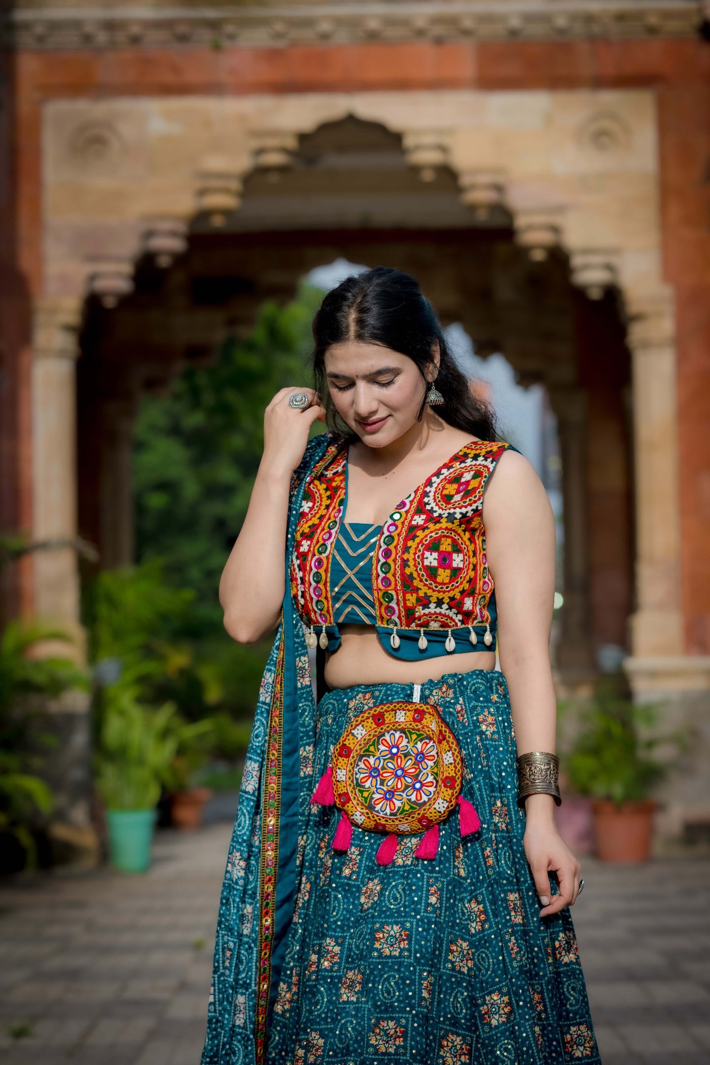 Navratri Special Teal Mirror Work Lehenga Choli Set with Kutchi Embroidery and Flared Skirt