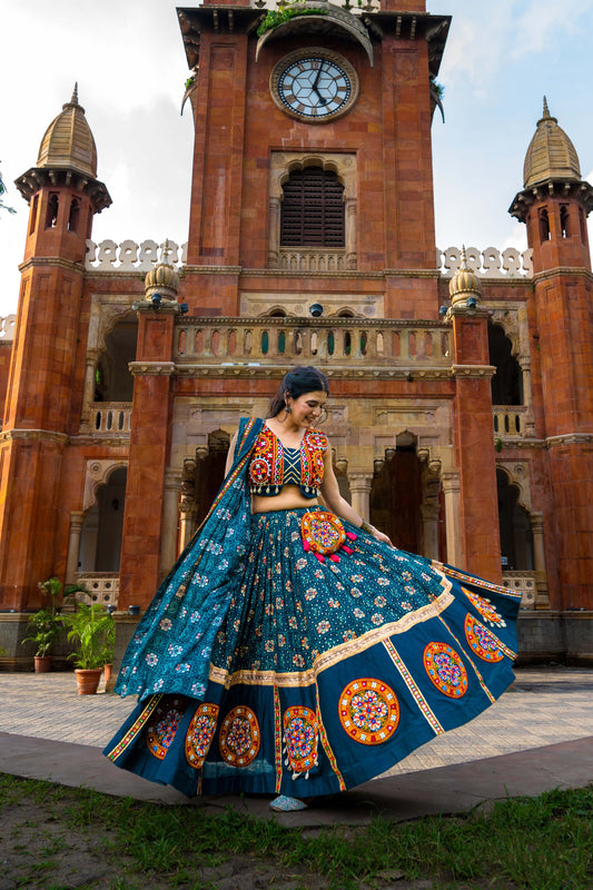 Navratri Special Teal Mirror Work Lehenga Choli Set with Kutchi Embroidery and Flared Skirt