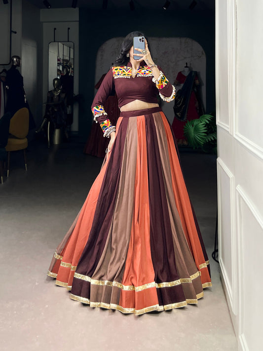 Navratri Special Multicolor  Lehenga with Mirror Work Maroon Blouse and Tassel Detailing