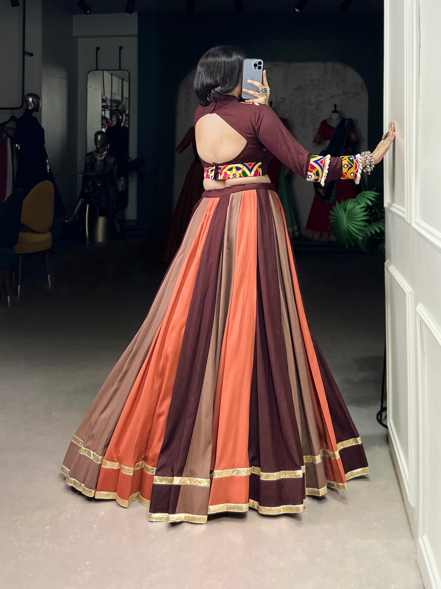 Navratri Special Multicolor  Lehenga with Mirror Work Maroon Blouse and Tassel Detailing