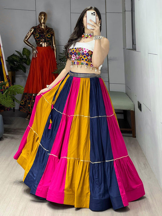 Rayon Cotton Navratri Flared Lehenga Choli for Women with Gamthi Work Blouse