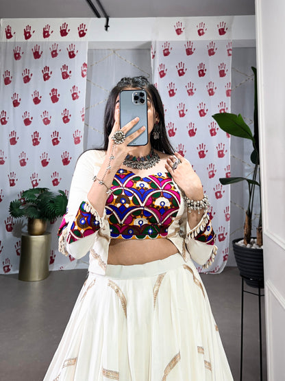 Pure Rayon Mirror Gamthi Work With Sequins Lace White Navratri Lehenga Choli
