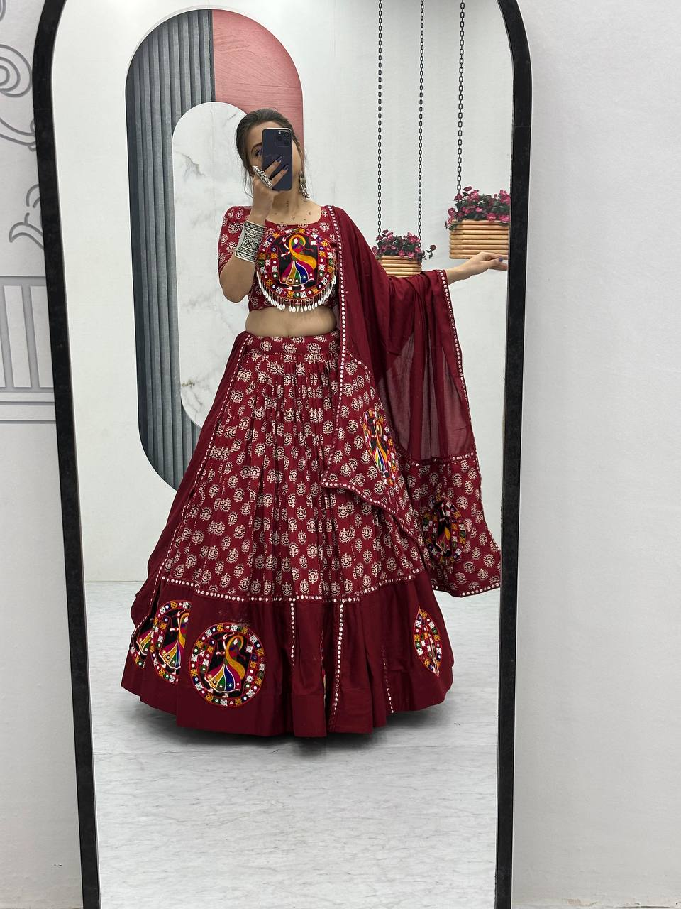 Navratri Special Pure Cotton Maroon Flared Lehenga Choli With Heavy Gamathi Work