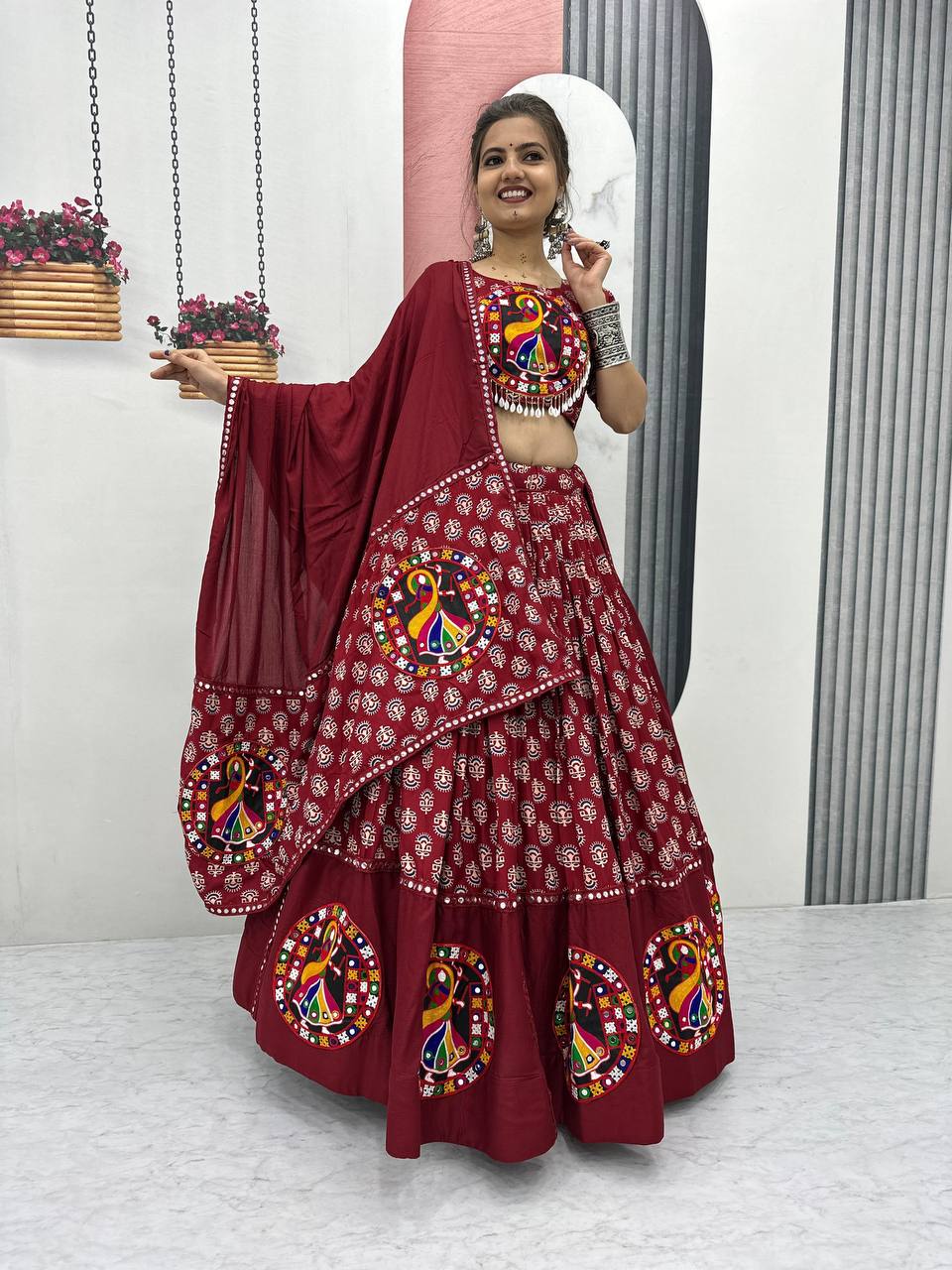 Navratri Special Pure Cotton Maroon Flared Lehenga Choli With Heavy Gamathi Work
