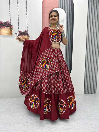 Navratri Special Pure Cotton Maroon Flared Lehenga Choli With Heavy Gamathi Work