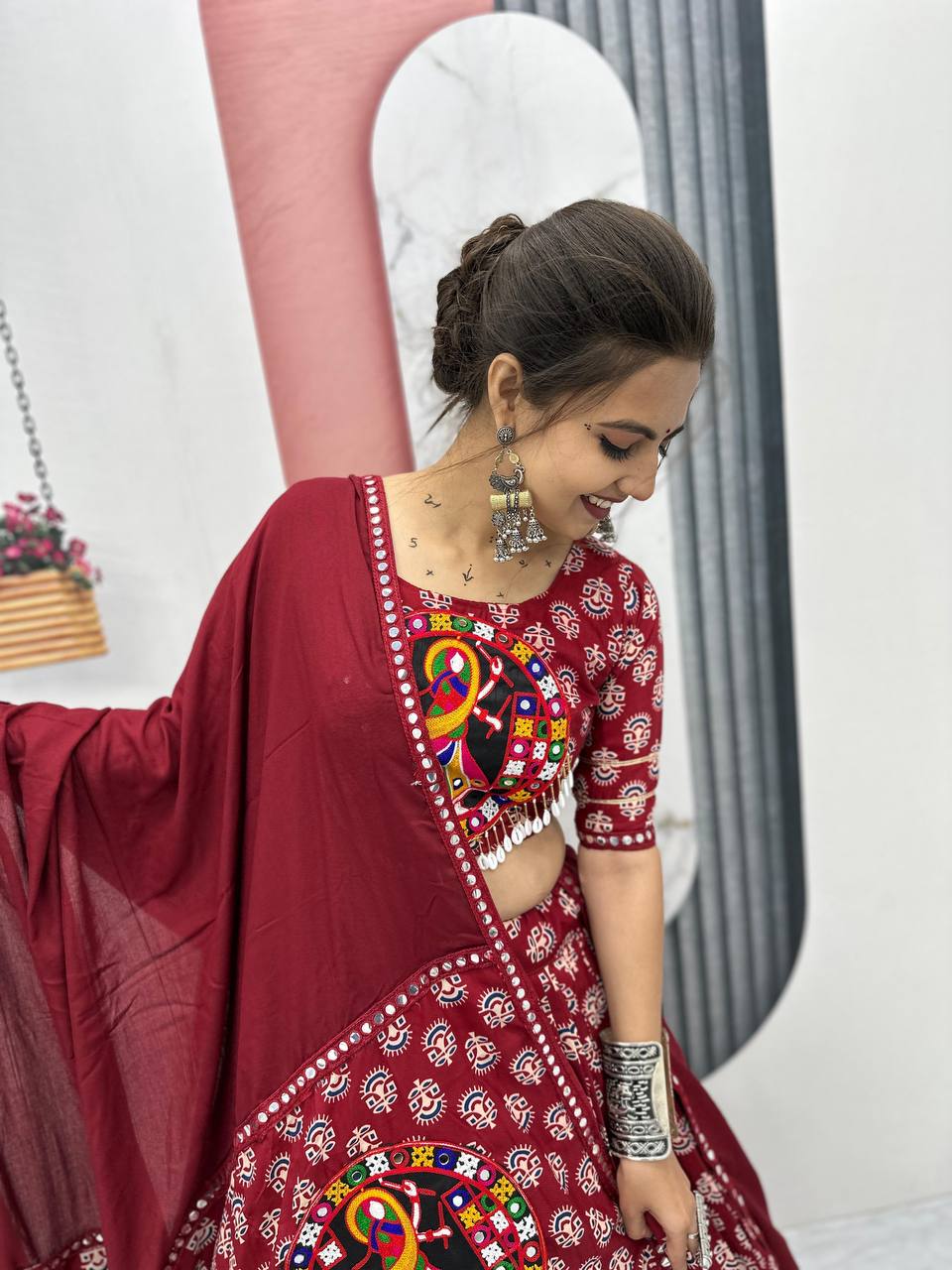 Navratri Special Pure Cotton Maroon Flared Lehenga Choli With Heavy Gamathi Work