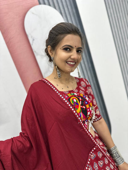 Navratri Special Pure Cotton Maroon Flared Lehenga Choli With Heavy Gamathi Work
