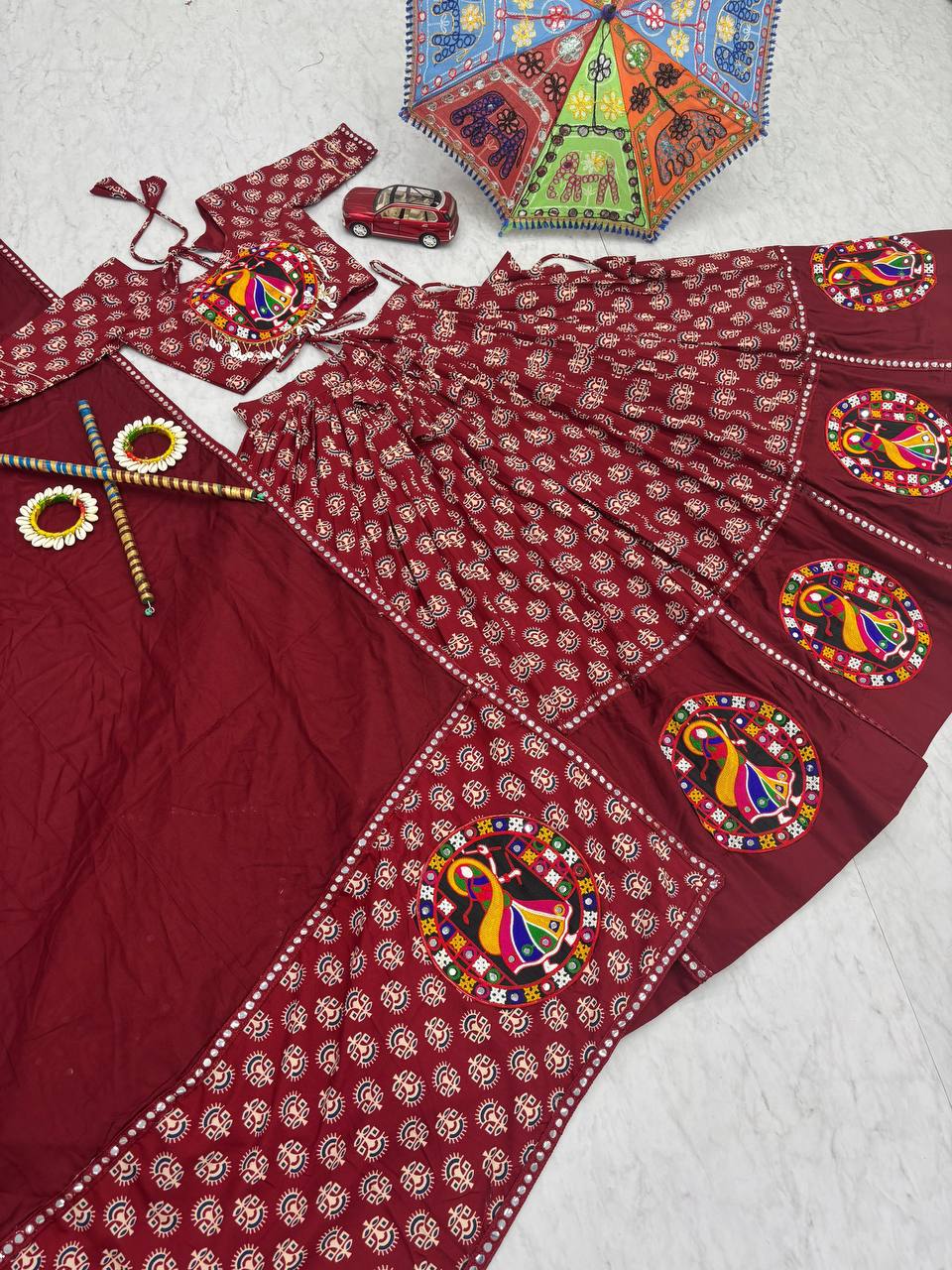 Navratri Special Pure Cotton Maroon Flared Lehenga Choli With Heavy Gamathi Work